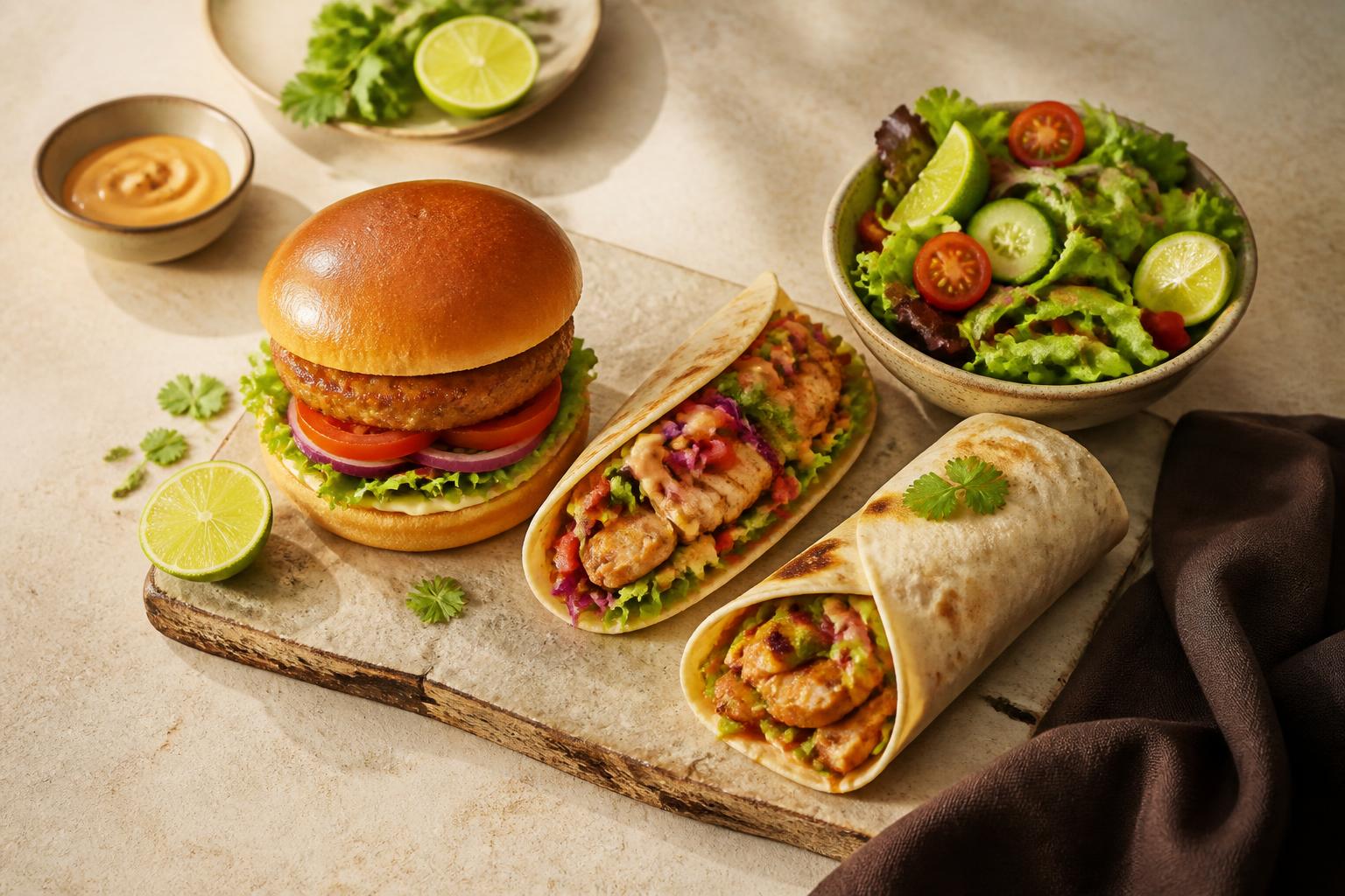 Chicken patties served in a burger, taco, wrap and salad